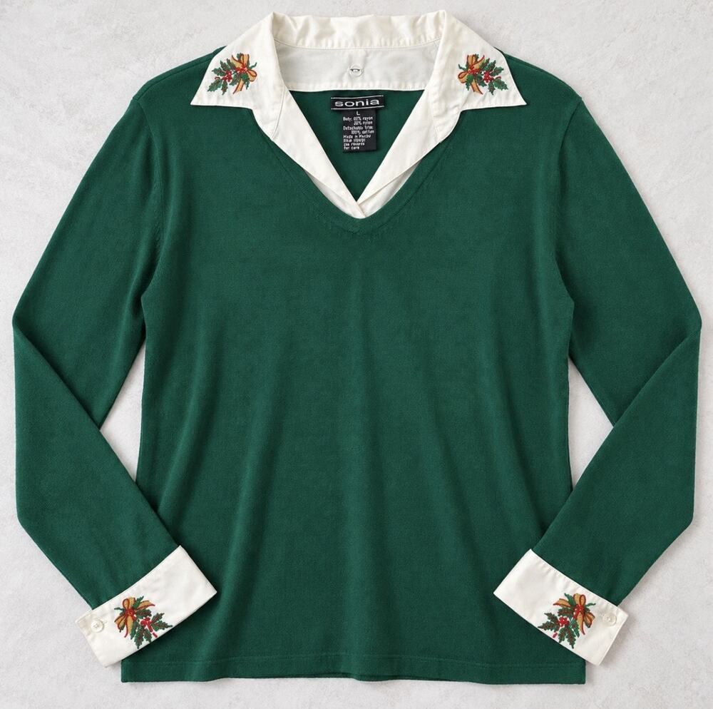 Vintage 80s 90s Sonia Green Holiday Embroidered Sweater White Collar L